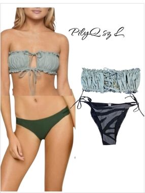 PQ Swim PilyQ Remi Ruched Bandeau Top & Side Tie Bikini Set L